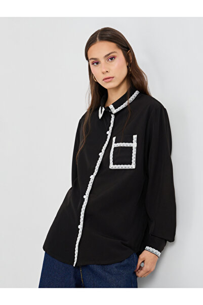 Styli Solid Lace Trim Long Sleeve Oversized Shirt