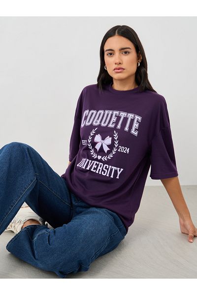 Styli Slogan Print Round Neck Oversized T-Shirt