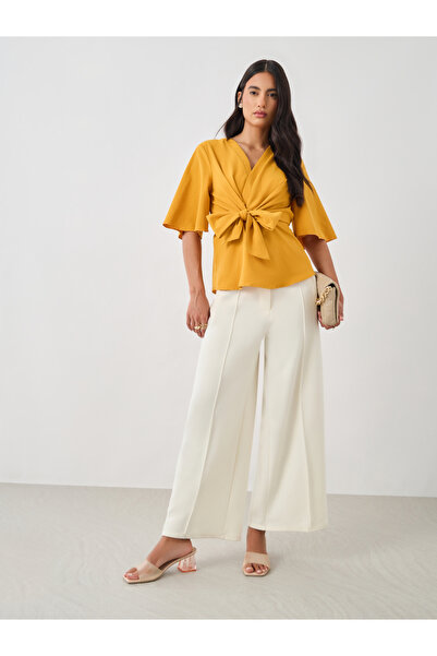 Styli Solid V-Neck Tie-Up Waist Blouse