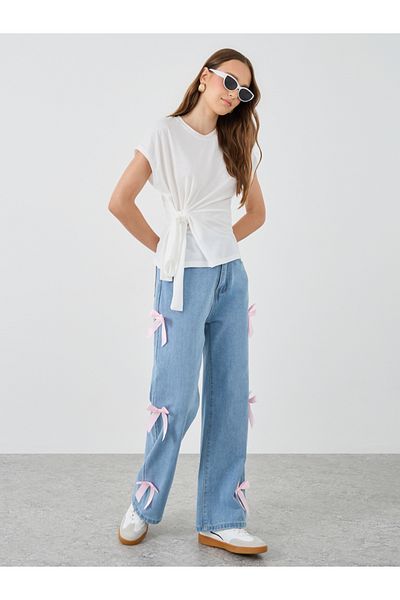 Styli Solid Short Sleeve Waist Tie Top