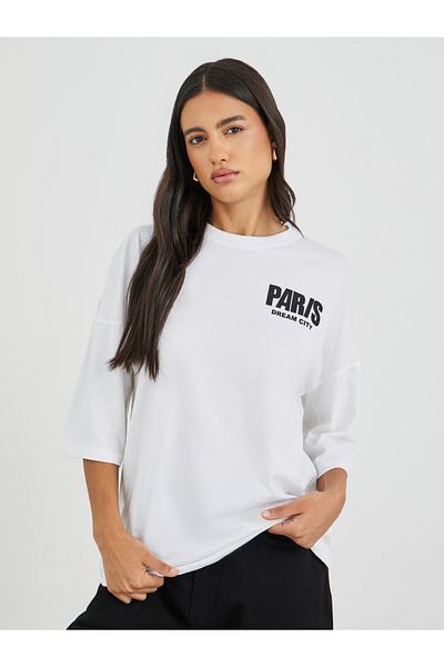 Styli Slogan Print Exaggerated Shoulder Oversized T-Shirt