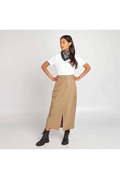 KIABI تنورة ميدي مع جيوب كاكي