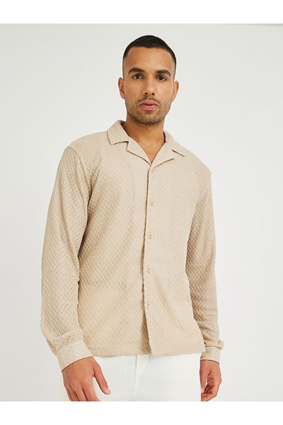Styli Men Beige Crochet Textured Resort Collar Relaxed Fit Shirt