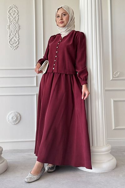 InStyle Set roșu Claret cu fustă cu detaliu de buton elastic