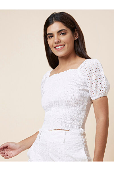Globus By Styli Textured Smocked Puff Sleeve Crop Top
