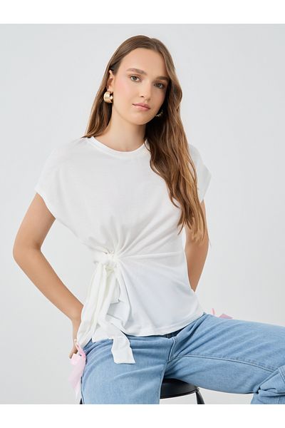 Styli Solid Short Sleeve Waist Tie Top