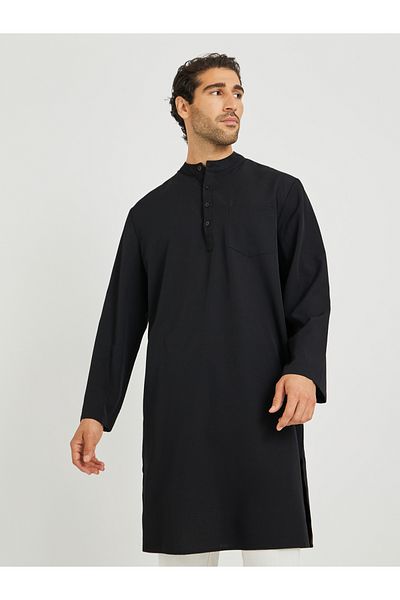 Take Two By Styli كورتا رجالي أسود سادة بياقة واقفة وأكمام طويلة