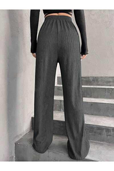 Take Two By Styli Women Grey Textured Drawstring Waist Wide Leg Pants