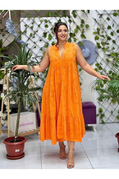 Punta Otantik Nc20366 Italian Embroidered Strap Coton Dress Orange