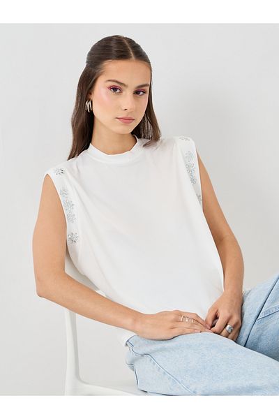 Styli Embellished Crew Neck Sleeveless Top