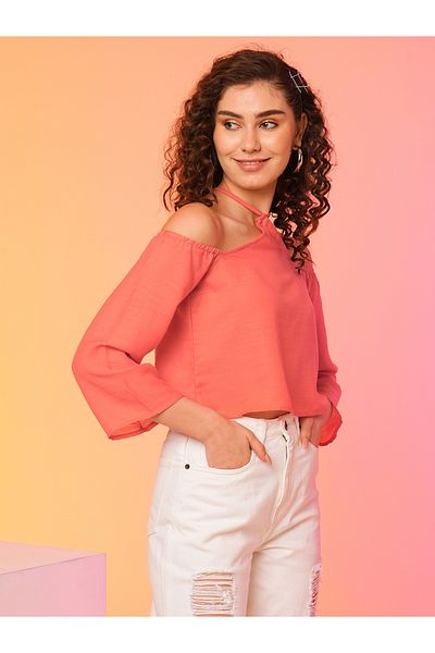 Globus By Styli بلوزة نسائية سادة بأكمام مكشوفة ورقبة هالتر