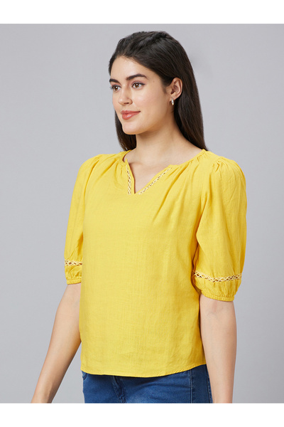 Globus By Styli Lace Detail Puff Sleeves Notch Neck Top