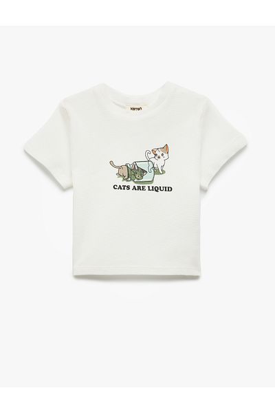 Koton New Season Crew Neck Short Sleeve Cat Printed Cotton T-Shirt