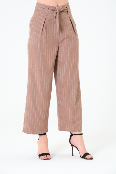 Sortie Collection Women's Pleated, Striped Pattern, Buttoned, Pipe Leg, Belted Gabardine Brown Trousers
