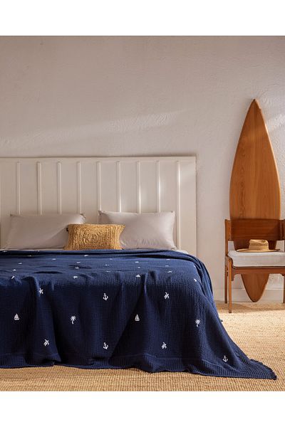 Madame Coco Riva Double 100% Cotton Bedspread - Navy Blue