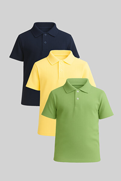 FATELLA Children's Short Sleeve Polo Neck T-Shirt Set of 3 Navy Blue Yellow G...