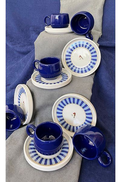 Erbaşlar Love Bird Navy Blue Series Chubby 12 Piece Luxury Ceramic Chubby Coffee Cup Set Turkish Coffee Cup