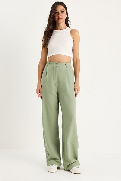Bianco Lucci Women's High Waist Pleat Detailed Linen Palazzo Trousers 3990 40881029