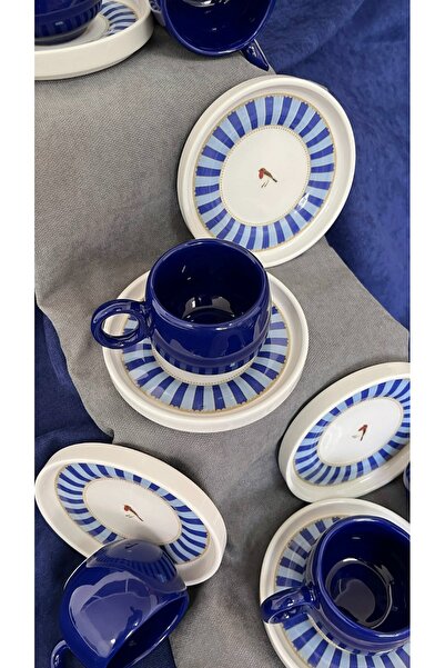 Erbaşlar Love Bırd Lacivert Seri Tombul 12 Parça Lüx Seramik Tombul Kahve Fincan Takımı Türk Kahvesi Fincanı