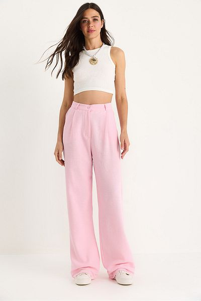 Bianco Lucci Women's High Waist Pleat Detailed Linen Palazzo Trousers 3990 40881029
