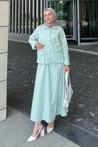 lamelif Pocket Detailed Double Skirt Hijab Suit Mint Green