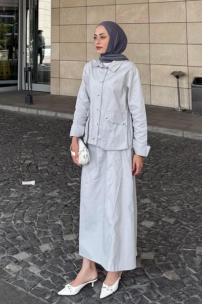 lamelif Pocket Detailed Double Skirt Hijab Suit Gray