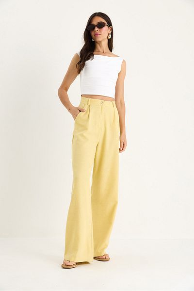 Bianco Lucci Women's High Waist Pleat Detailed Linen Palazzo Trousers 3990 40881029