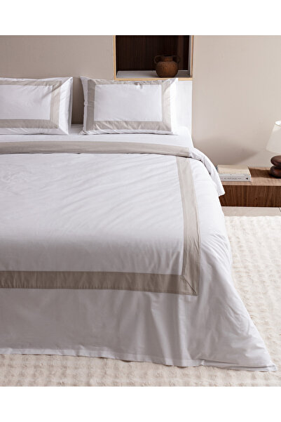 Madame Coco Valette King Size 100% Cotton Duvet Cover Set - White/Stone