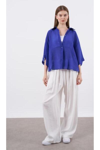 afran collection GÖMLEK OVERSİZE İPEKSİ LACİVERT GÖMLEK