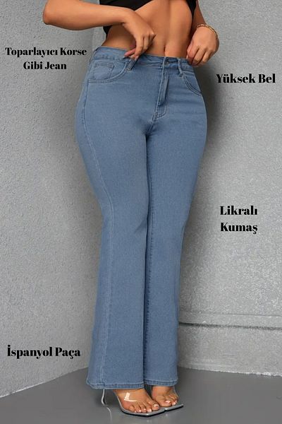 CEDY DENIM - Women's Plus Size Flared Leg High Waist Skinny Fit Lycra Trousers C628-Ice Blue
