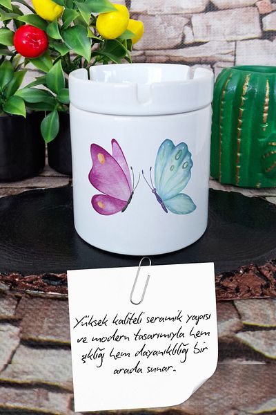 qoeuyl boutique Colorful Butterfly Fun Printed Ceramic Lid Odorless Ashtray