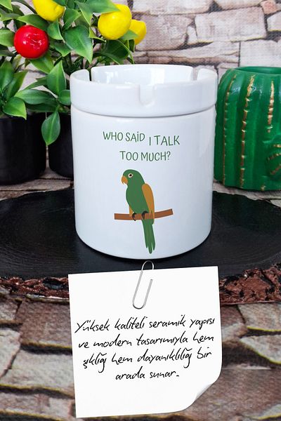 qoeuyl boutique Text and Parrot Printed Ceramic Lid Odorless Ashtray