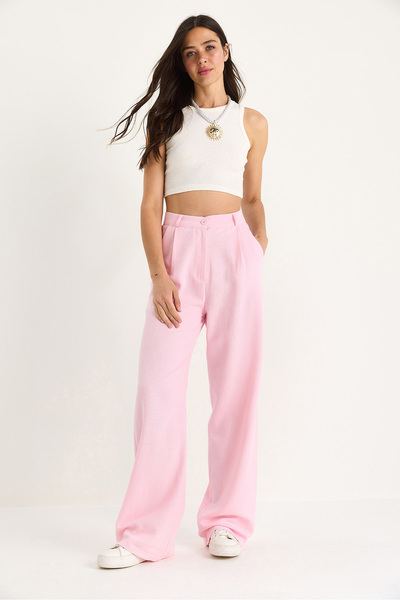 Bianco Lucci Women's High Waist Pleat Detailed Linen Palazzo Trousers 3990 40881029