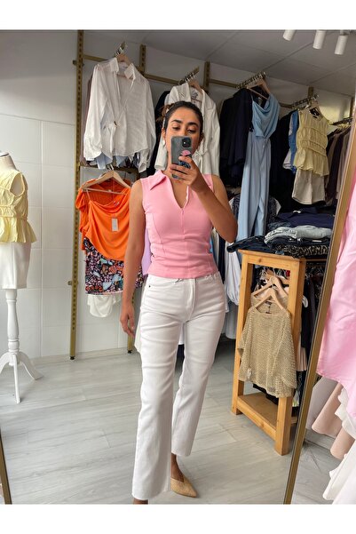 Butik Gömlek yaka önü fermuarlı bluz