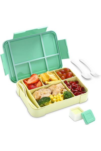 COOYA Children's Lunch Box, Green, 1300 Ml, With 5 Compartments and Cutlery, Non-toxic, 23x17x4.8cm