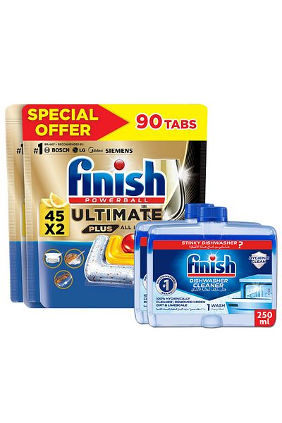 Finish Ultimate Plus 45x2 Tabs + Finish Dishwasher Machine Cleaner 250ml, Pack of 2
