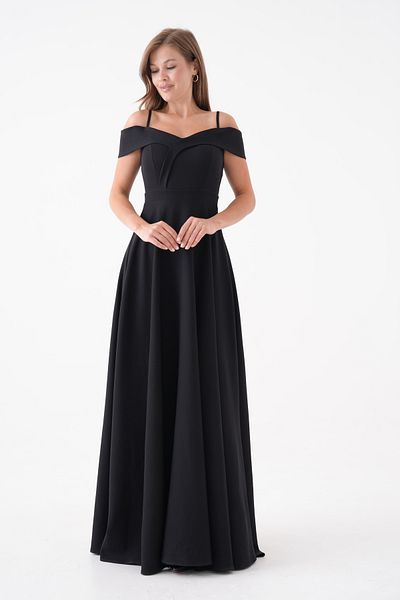 WOMAN VISION Women's Black Shoulder Open Collar Detailed Strap 138 cm Maxi Dress 342