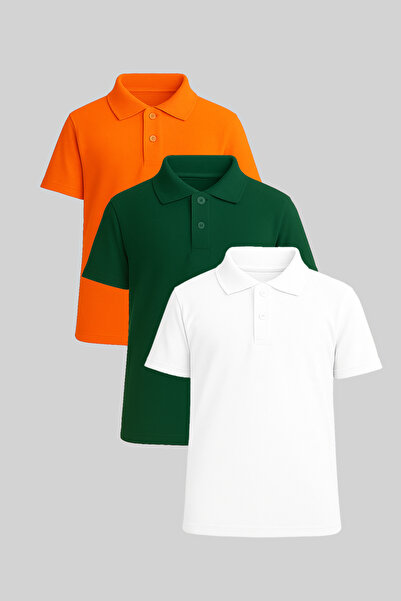 FATELLA Children's Short Sleeve Polo Neck T-Shirt Set of 3 Orange Nefti White