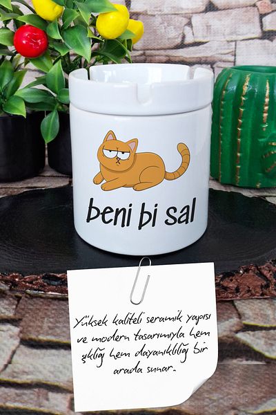 qoeuyl boutique Beni Bi Sal-Bezgin Cat Fun Gift Printed Ceramic Lid Odorless Ashtray