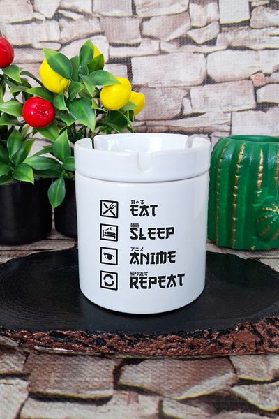qoeuyl boutique Eat Sleep Anime Repeat Gift Printed Ceramic Lid Odorless Ashtray