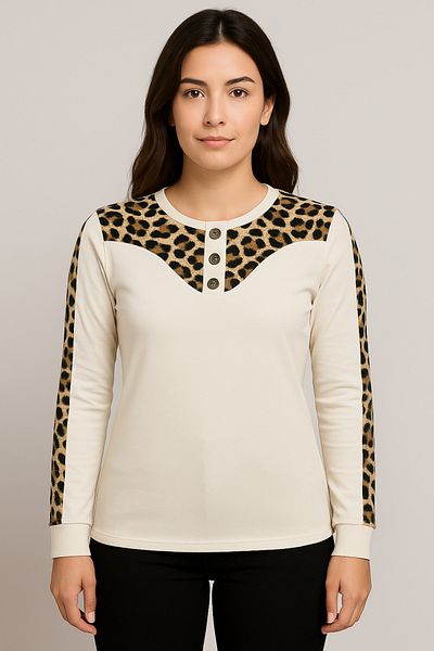 Birol Triko Women's Cream Leopard Garnished Lycra Body