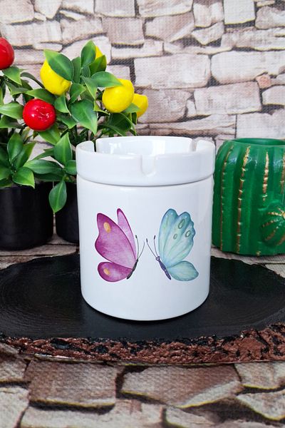 qoeuyl boutique Colorful Butterfly Fun Printed Ceramic Lid Odorless Ashtray