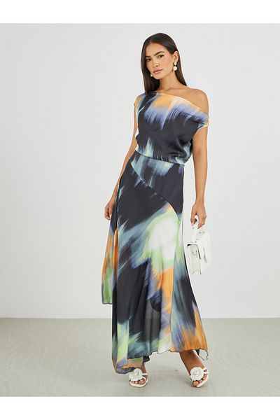 Styli Abstract Print Draped Asymmetric A-Line Maxi Dress
