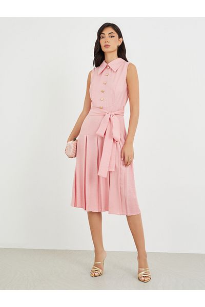 Styli Plain Sleeveless Pleated A-Line Midi Dress with Tie Waist