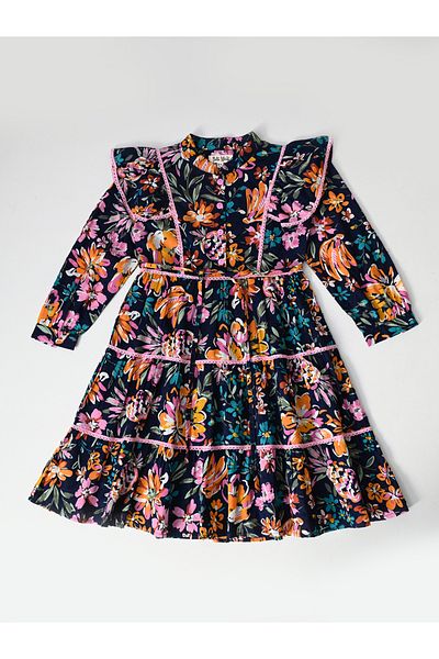 Bella Moda By Styli All-Over Floral Print Ruffle Trim Tiered Dress with 3/4th Sleeves