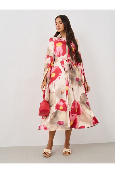 Styli Printed Long Sleeve Shirt Midi Dress
