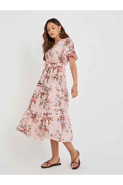 Take Two By Styli Women Pink Floral Print Ruffle Trim A-Line Midi Dress with Tie Waist