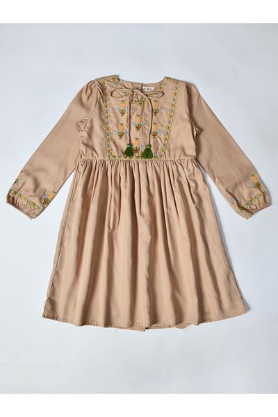 Bella Moda By Styli Embroidered Tie-Up Neck Knee-Length Dress
