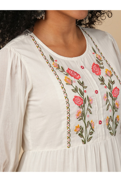 Globus By Styli Women Off-White Embroidered Yoke Tiered Knee-Length Dress