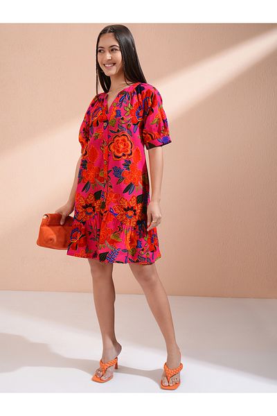 Vishudh By Styli Women Floral Print Puff Sleeves Cotton A-Line Mini Dress